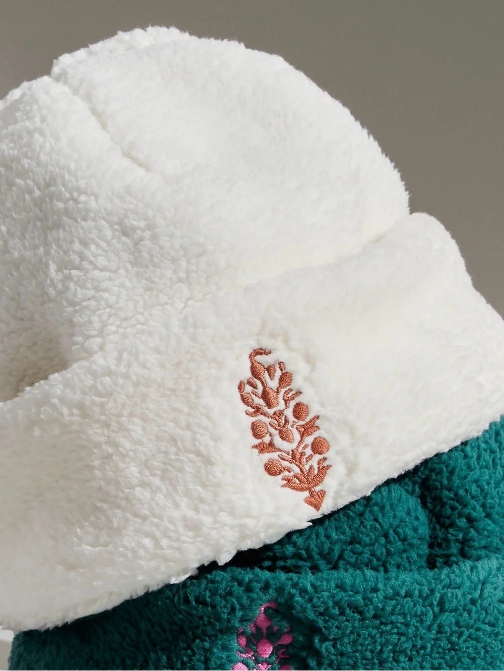 Free People Cream Sherpa Beanie with Leaf Embroidery